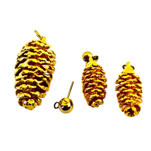 Pine Cone Pendant and Earrings Set Gold Plated As Is Needs Repair - Picture 5 of 7